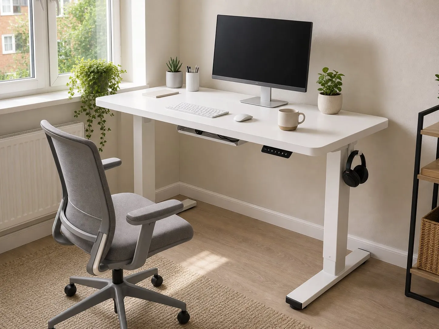 FlexiSpot E1 Plus white electric standing desk in a small home office corner