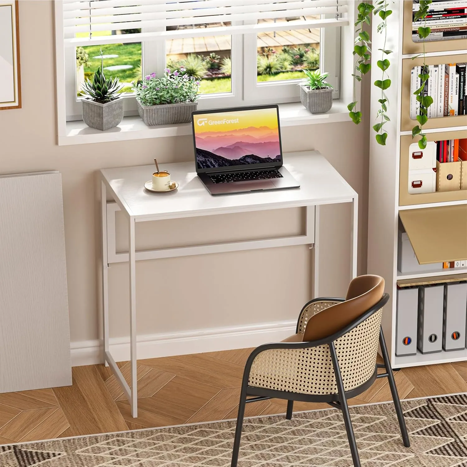 GreenForest foldable desk with monitor shelf in a compact bedroom workspace