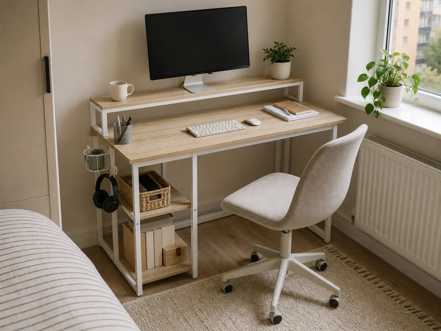 GreenForest desk with full monitor stand and side shelves in a compact bedroom office