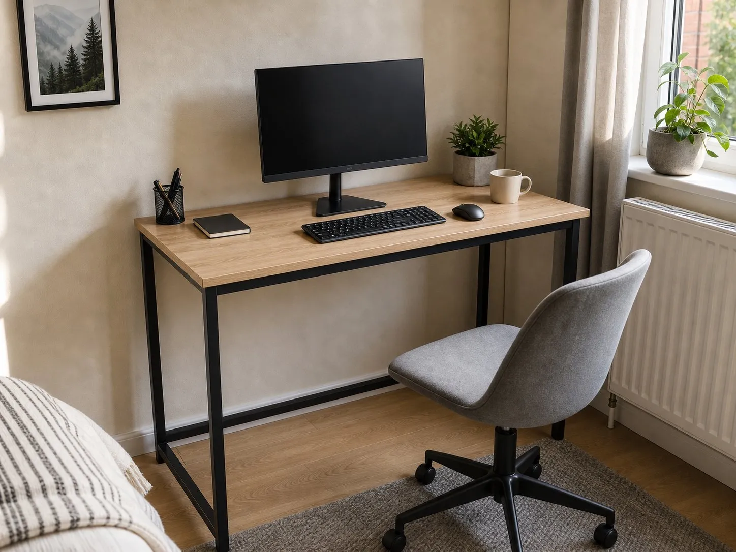 VASAGLE 100cm desk with light wood top and black frame in a small bedroom workspace