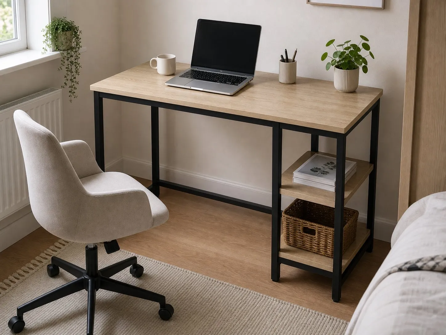 WOHOMO 100cm desk with two-tier side shelves in a small bedroom office