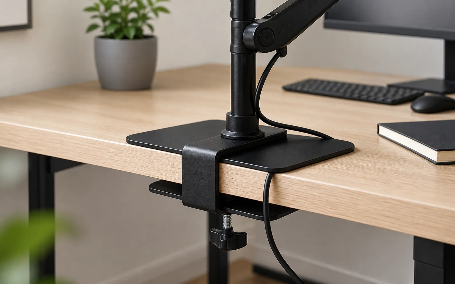Duronic DMSC1 black reinforcement plate fitted under a monitor arm clamp on a compact wooden desk