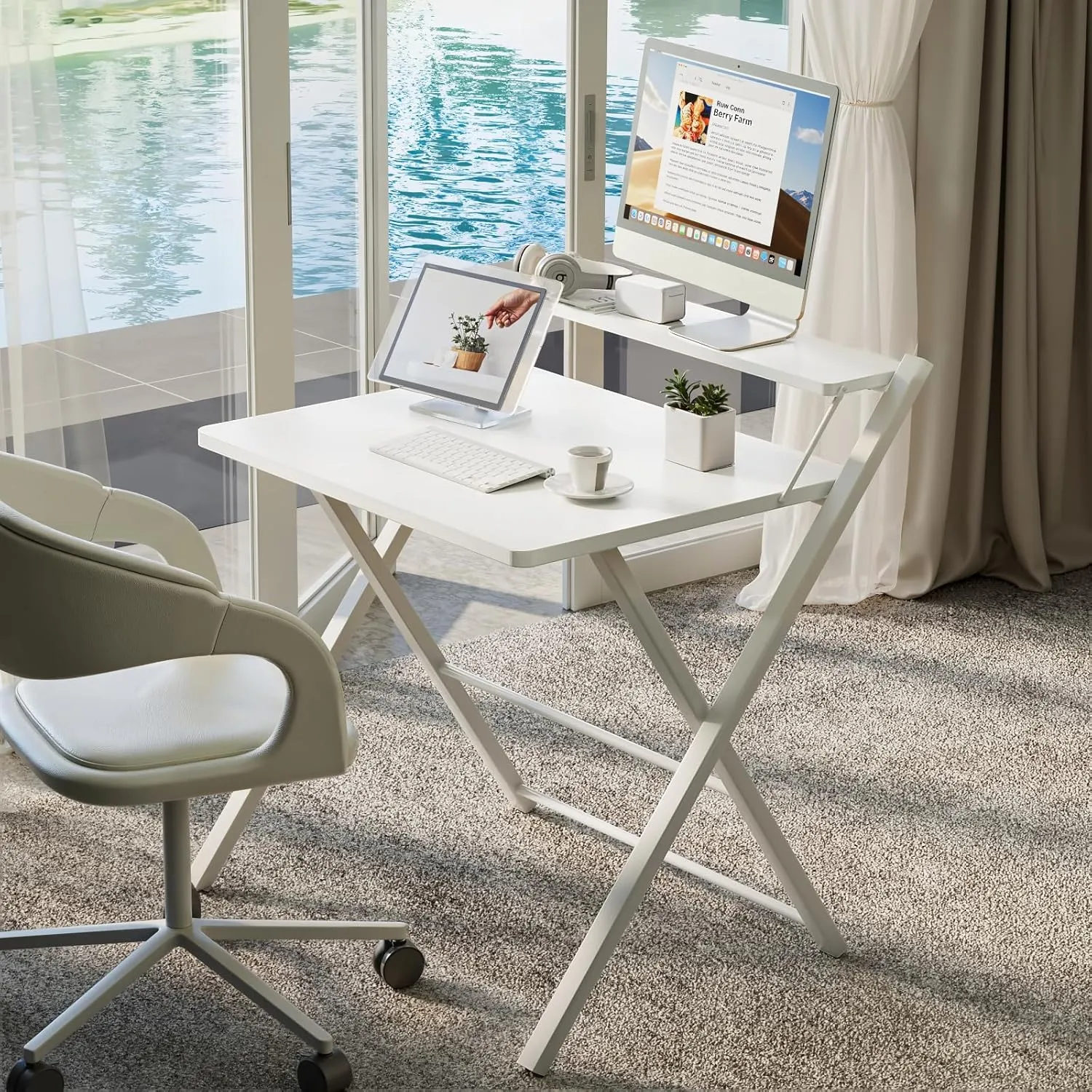 GreenForest foldable desk in white with monitor shelf in a compact spare room