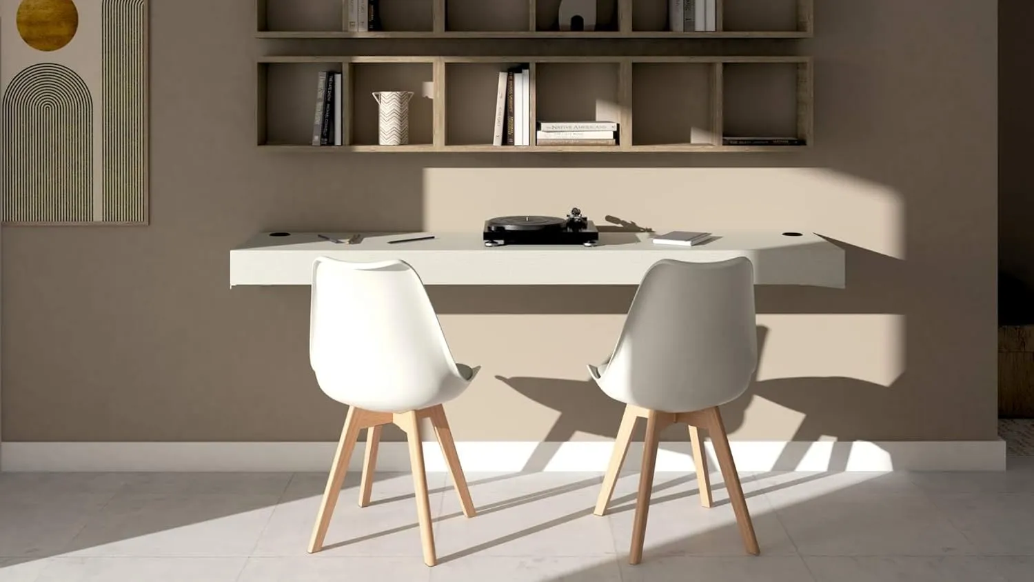 Mobili Fiver Evolution wall-mounted desk in white set up with a laptop in a narrow room