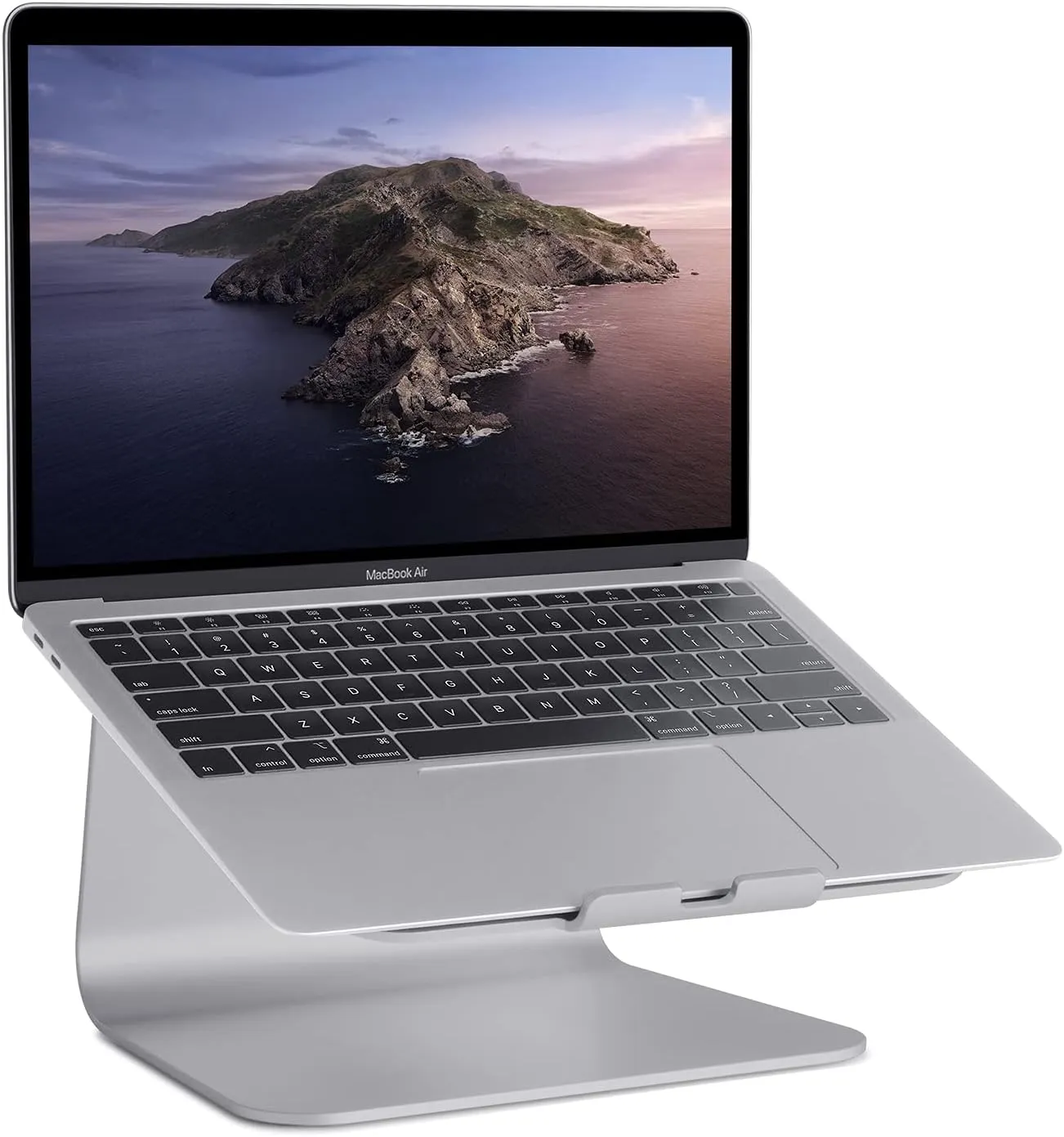 Rain Design mStand laptop stand in space grey holding a MacBook Pro on a small wooden desk