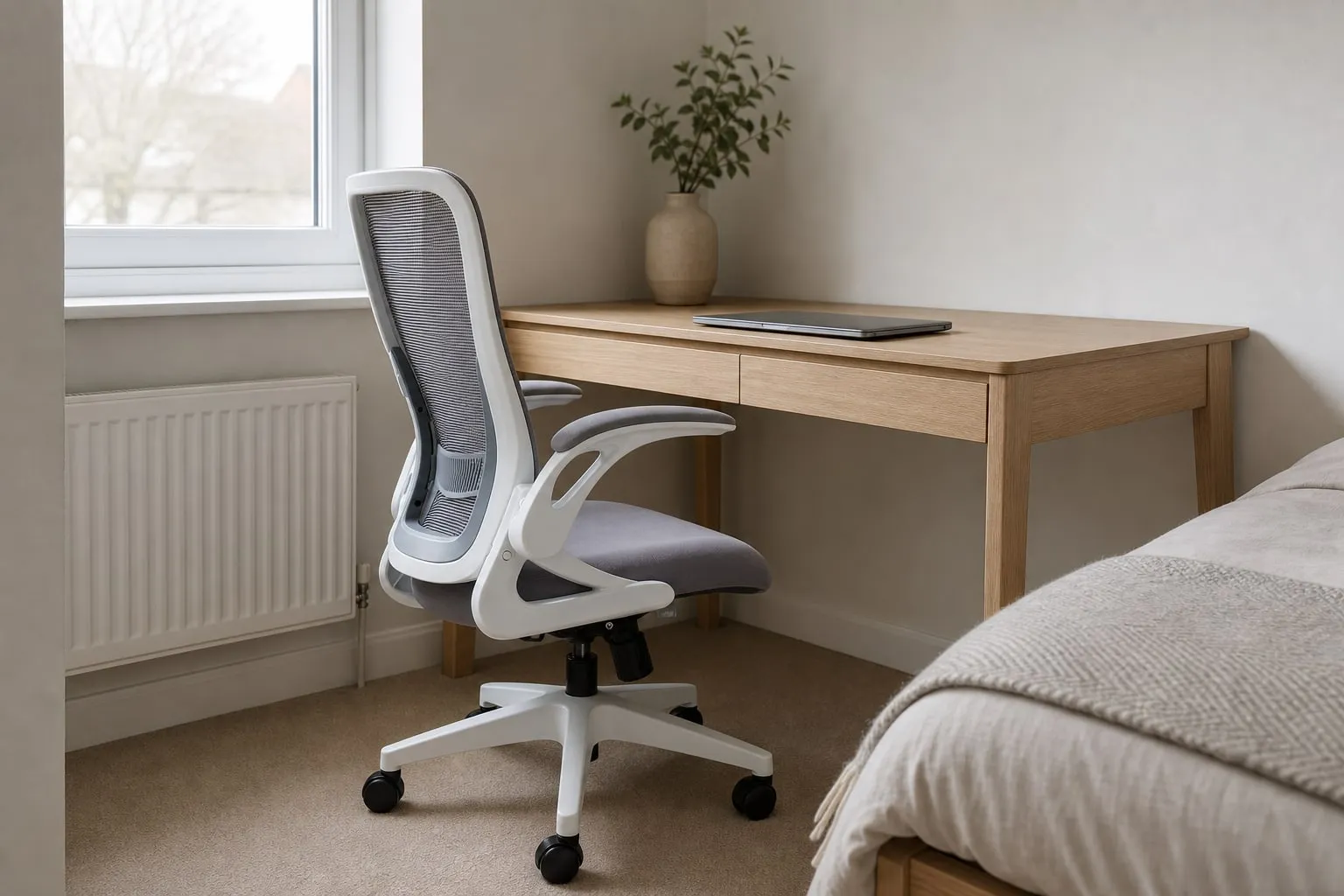 White and grey Tervo Model U office chair shown upright and with its back folded